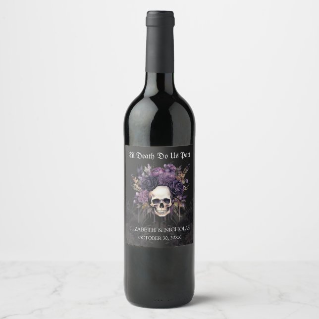 Gothic Floral Skull Halloween Wine Label Weinetikett (Vorderseite)