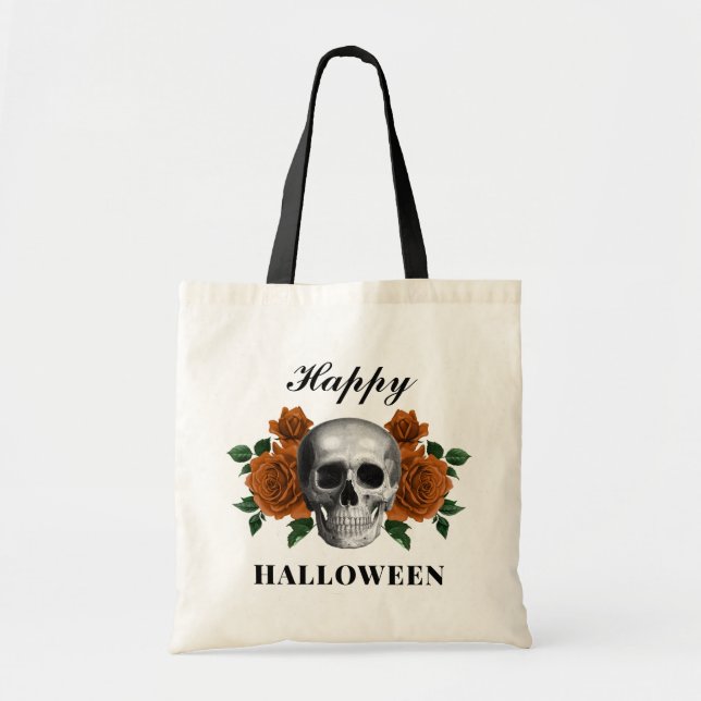Gothic Floral Skull Happy Halloween Tragetasche (Vorne)