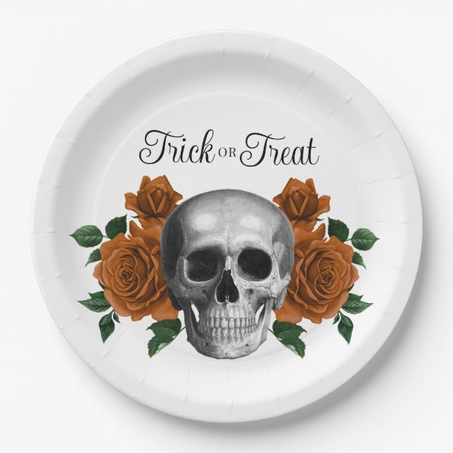 Gothic Floral Skull Trick Or Treat Halloween Pappteller (Vorderseite)