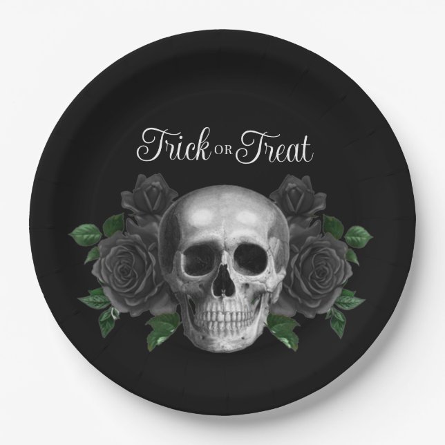 Gothic Floral Skull Trick Or Treat Halloween Pappteller (Vorderseite)
