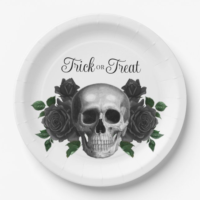 Gothic Floral Skull Trick Or Treat Halloween Pappteller (Vorderseite)