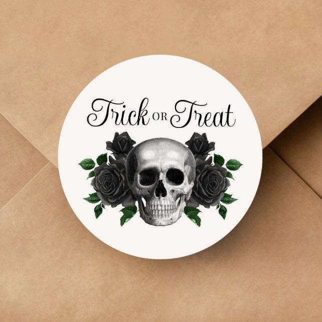 Gothic Floral Skull Trick Or Treat Halloween Runder Aufkleber (Gothic Floral Skull Trick Or Treat Halloween Classic Round Sticker)