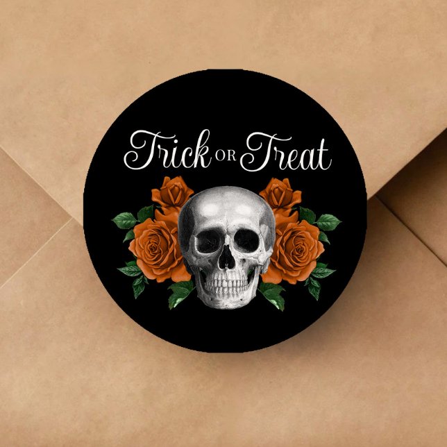 Gothic Floral Skull Trick Or Treat Halloween Runder Aufkleber (Gothic Floral Skull Trick Or Treat Halloween Classic Round Sticker)