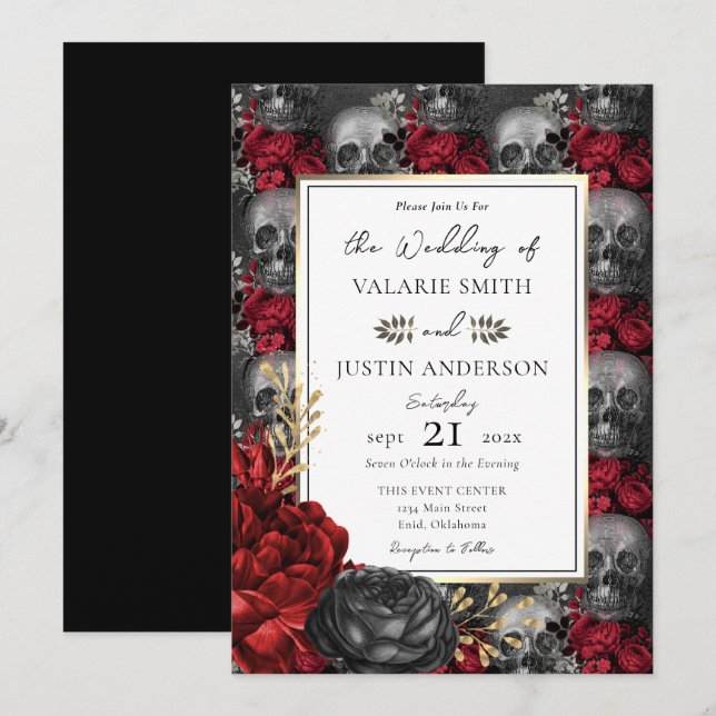 Gothic Floral Skulls Wedding Einladung (Vorne/Hinten)