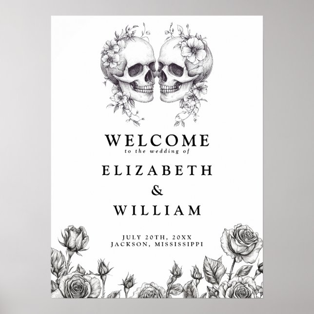 Gothic Floral Skulls Wedding Welcome Sign Poster (Vorne)