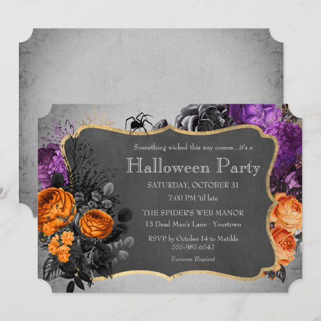 Gothic Floral Spider Halloween-Party Einladung (Vorne/Hinten)