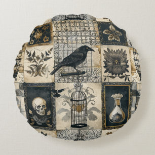 Gothic Floral Totenkopf und Raben Muster Rundes Kissen