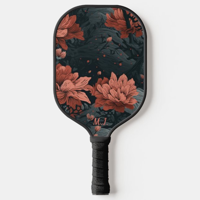 Gothic floral verblasst Black Burnt Sienna Monogra Pickleball Schläger (Vorderseite)