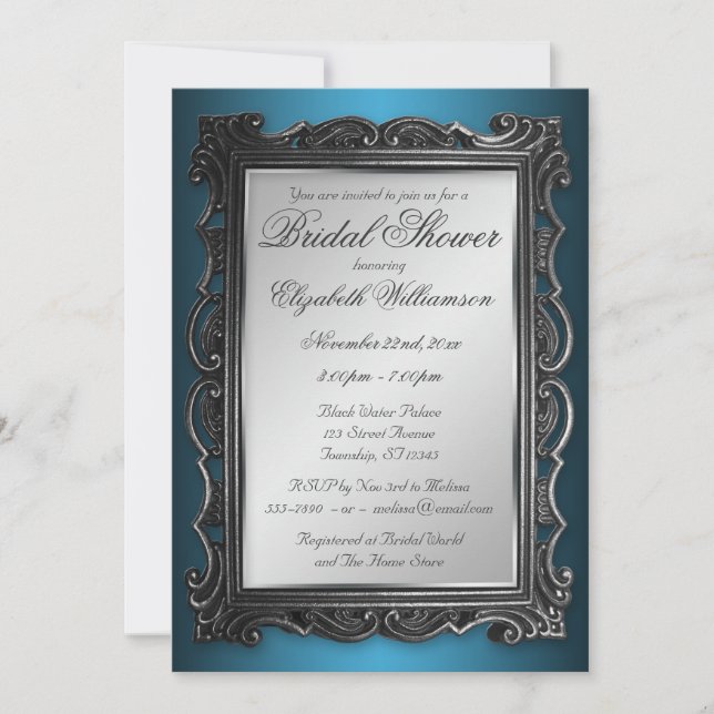 Gothic Frame Gray Blue Bridal Einladungen (Vorderseite)
