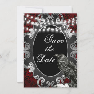 Gothic Frame, Krähe und Lichter auf roter gothisch Save The Date