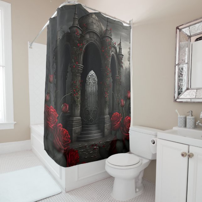 Gothic Friedhof Gazebo mit Rote Rosen bei Nacht Duschvorhang (Beispiel)