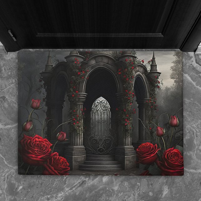 Gothic Friedhof Gazebo mit Rote Rosen bei Nacht Fußmatte (Von Creator hochgeladen)