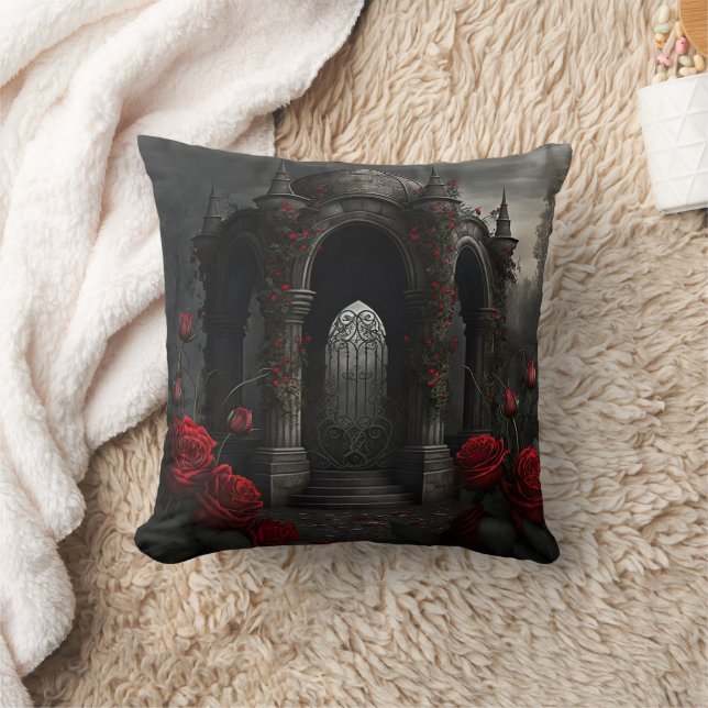 Gothic Friedhof Gazebo mit Rote Rosen bei Nacht Kissen (Decke)