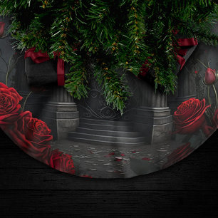 Gothic Friedhof Gazebo mit Rote Rosen bei Nacht Polyester Weihnachtsbaumdecke
