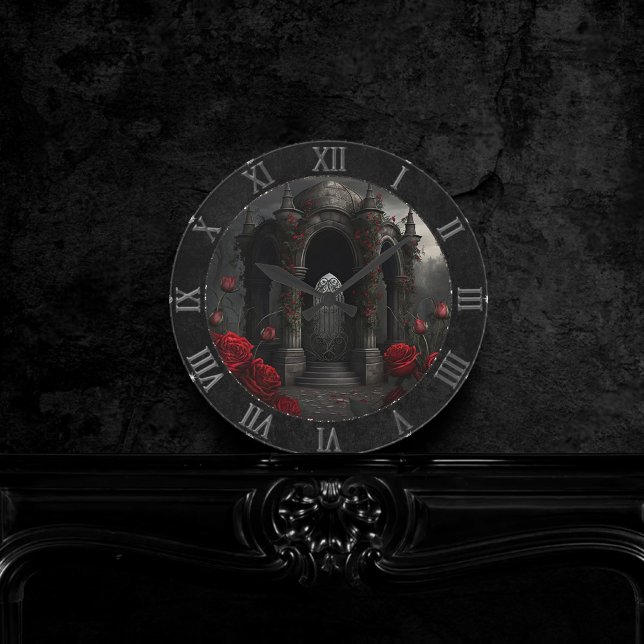 Gothic Friedhof Gazebo mit Rote Rosen bei Nacht Runde Wanduhr (Von Creator hochgeladen)