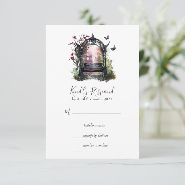 Gothic Garden Bench Handfasting UAWG RSVP Karte (Stehend Vorderseite)