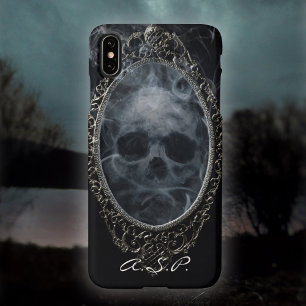 Gothic Ghost Skull Verzierter Rahmen Schwarz Silve iPhone 15 Plus Hülle