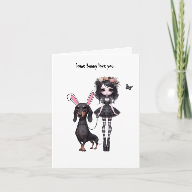 Gothic Girl mit Dackel Osterkarte Karte (Vorderseite)