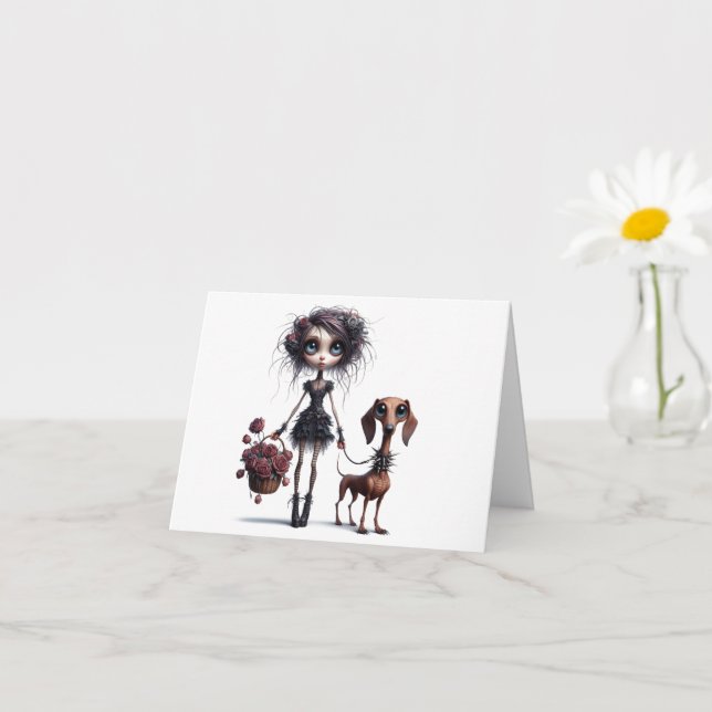 Gothic Girl mit hässlicher Dackel Karte (Kleines Gewächs)