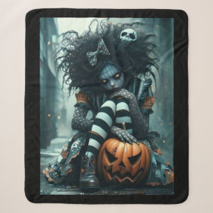 Gothic Girl mit Kürbis und Totenkopf – Dunkel und Sherpadecke