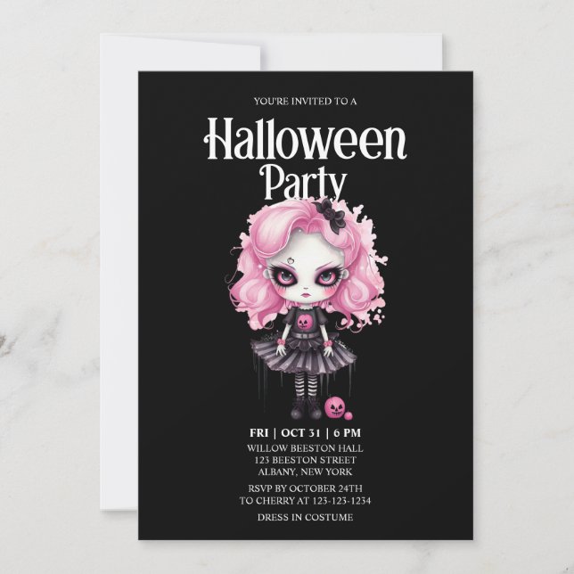 Gothic Girl Pumpkin Pink Horror Halloween-Party Einladung (Vorderseite)