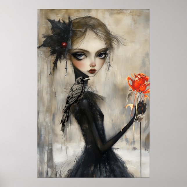 Gothic Girl Raven Rote Rose Poster (Vorne)
