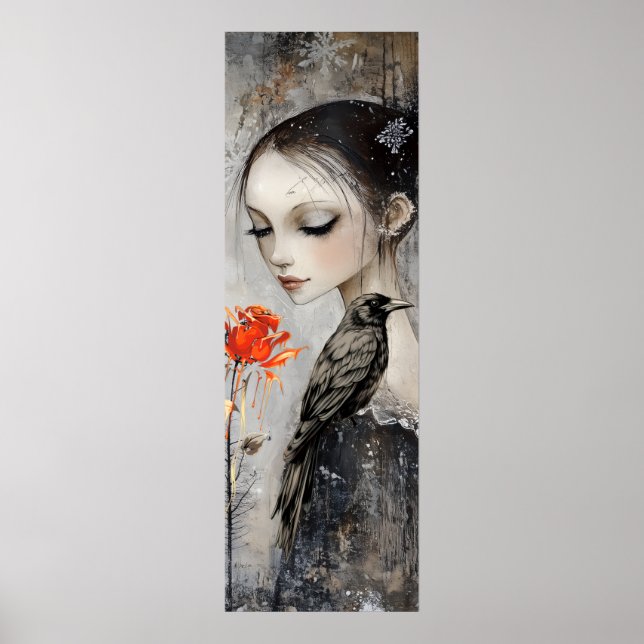 Gothic Girl Raven Rote Rose Poster (Vorne)