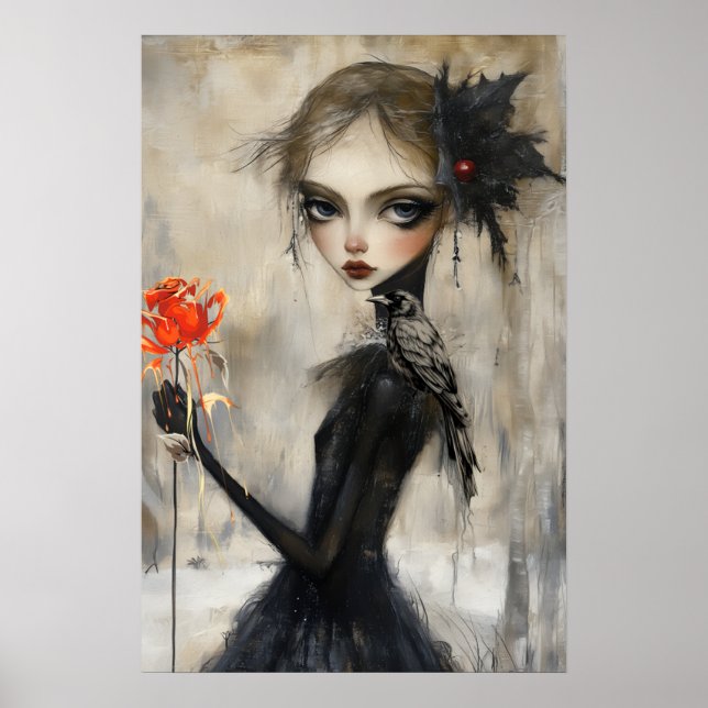 Gothic Girl Raven Rote Rose Poster (Vorne)