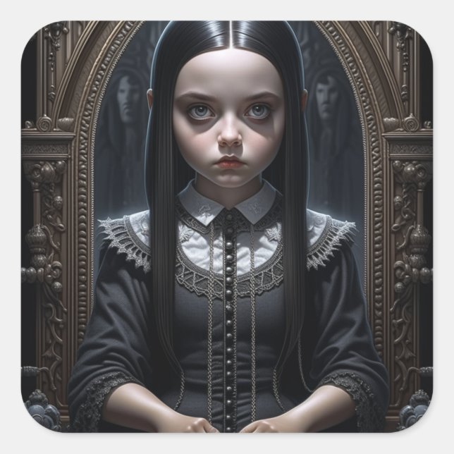 Gothic Girl Spooky Haunting Halloween Quadratischer Aufkleber (Vorderseite)