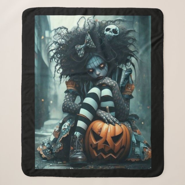 Gothic Girl with Pumpkin and Skull – Dark and Cozy Sherpadecke (Vorderseite)