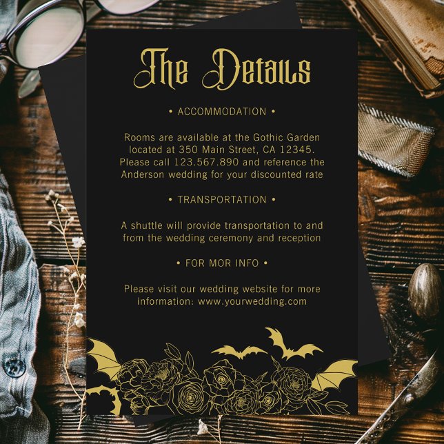 Gothic Glam Black Gold Hochzeitsdetails Begleitkarte (Von Creator hochgeladen)