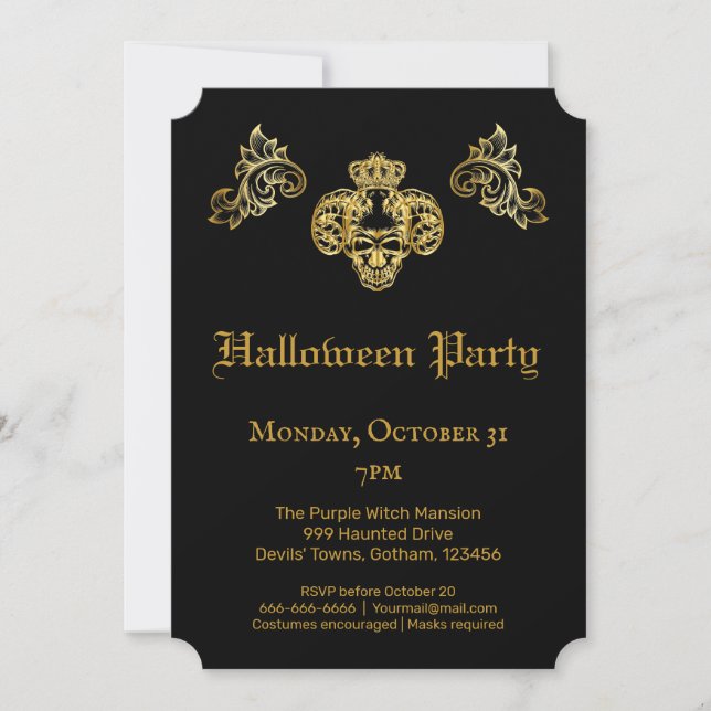  Gothic Glam Black & Gold Skull Halloween-Party Einladung (Vorderseite)