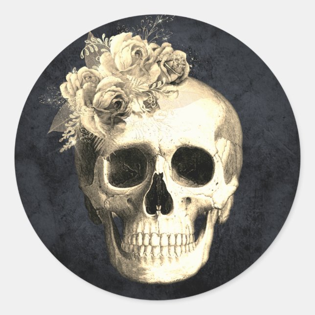 Gothic Glam Floral Skull Runder Aufkleber (Vorderseite)
