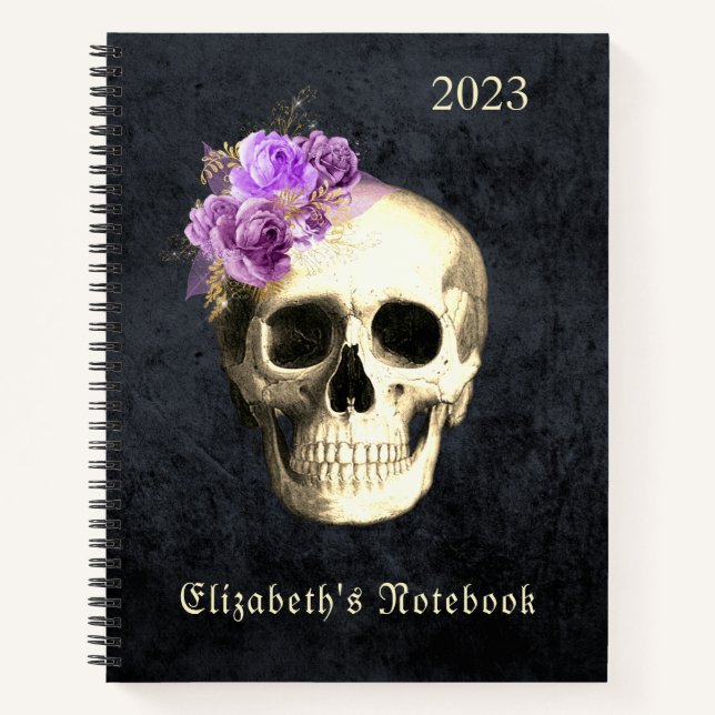 Gothic Glam Skull Lila Rose Personalisiert Notizbuch (Vorderseite)