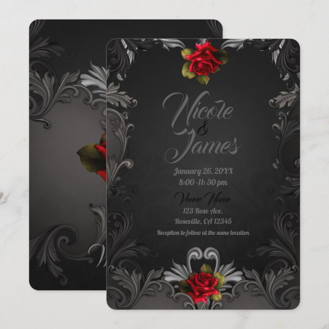Gothic Glamour Rote Rose Black Ornamental Wedding Einladung (Vorne/Hinten)