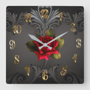 Gothic Glamour Rote Rose Schwarze Ornamente Glam Quadratische Wanduhr