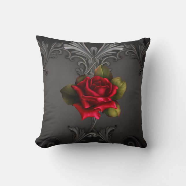 Gothic Glamour Rote Rose Schwarzer Zierfilm Kissen (Vorderseite)