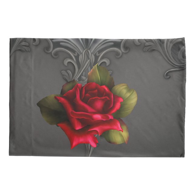Gothic Glamour Rote Rose Schwarzer Zierfilm Kissenbezug (Rückseite)