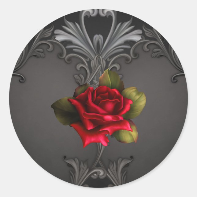 Gothic Glamour Rote Rose Schwarzer Zierfilm Runder Aufkleber (Vorderseite)