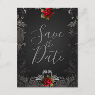 Gothic Glamour Rote Rose Verzierte Save the Date Ankündigungspostkarte