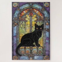 Gothic-Glas-Fenster mit schwarzer Katze