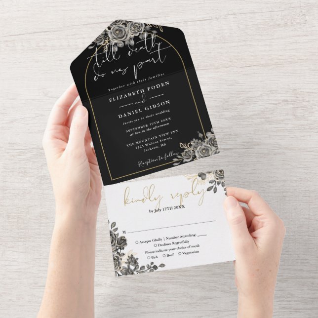 Gothic Gold Arch Black Rose Blumenhochzeit All In One Einladung (Abreißen)