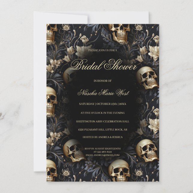 Gothic Gold Floral Skulls Moody Brautparty Einladung (Vorderseite)