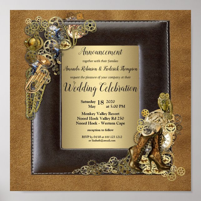 Gothic-Gold-Steampunk-Hochzeitsankündigung Poster (Vorne)