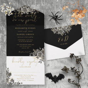 Gothic Gold und schwarze Rosen Florale Hochzeit All In One Einladung
