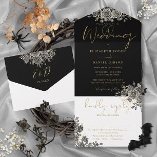 Gothic-Gold- und schwarze Rosen Hochzeit All In One Einladung