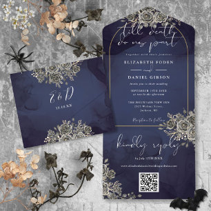 Gothic Goldener Bogen Schwarze Rosen QR-Code Hochz All In One Einladung