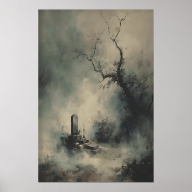 Gothic Grave Under Foggy Trees Dark Halloween Poster (Vorne)
