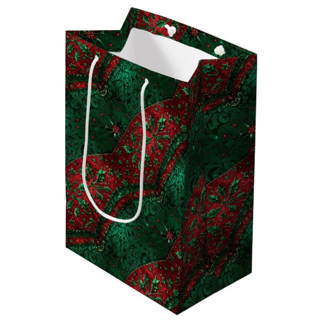 Gothic Green and Red Christmas Mittlere Geschenktüte (Vorderseite Schrägansicht)