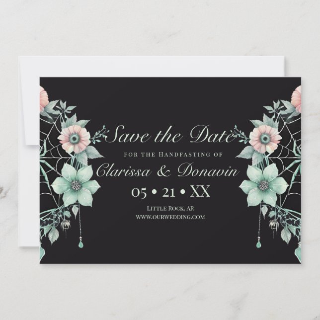 Gothic Green Mint Floral Spider Web Handfasts Save The Date (Vorderseite)
